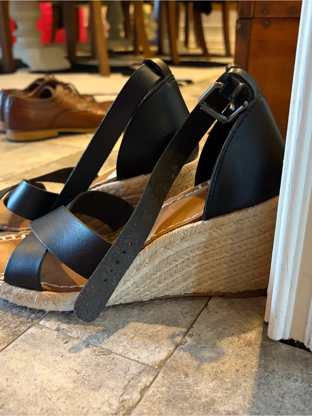 White Mountain Black Espadrille Wedge Sandals with Ankle Strap